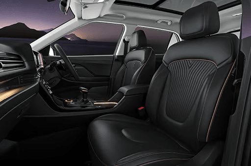 Black seat upholstery with brass colored highlights