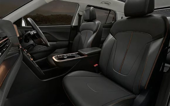 Exclusive black leatherette seat upholstery with brass coloured highlights